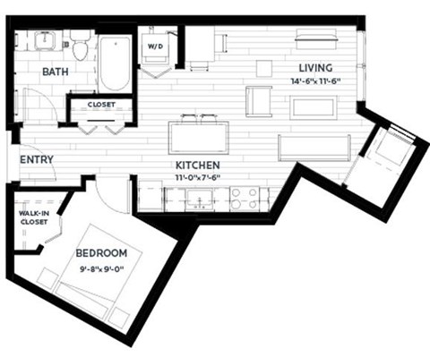 Floor plan for 1 bed, 1 bath, 616 sqft