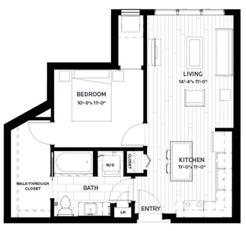 Floor plan for 1 bed, 1 bath, 662 sqft