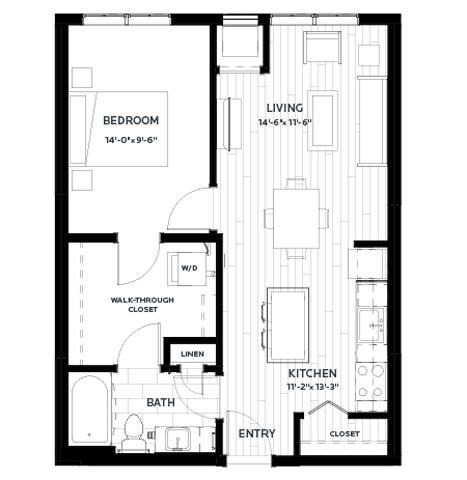 Floor plan for 1 bed, 1 bath, 667 sqft