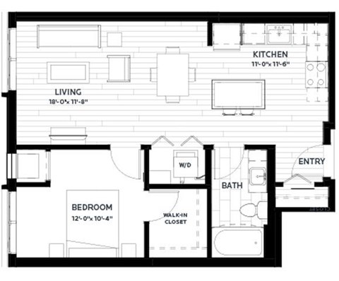 Floor plan for 1 bed, 1 bath, 696 sqft