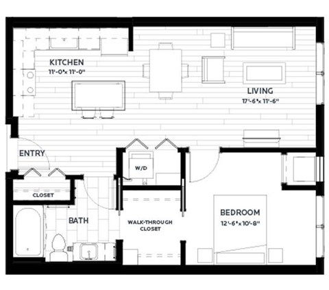 Floor plan for 1 bed, 1 bath, 701 sqft