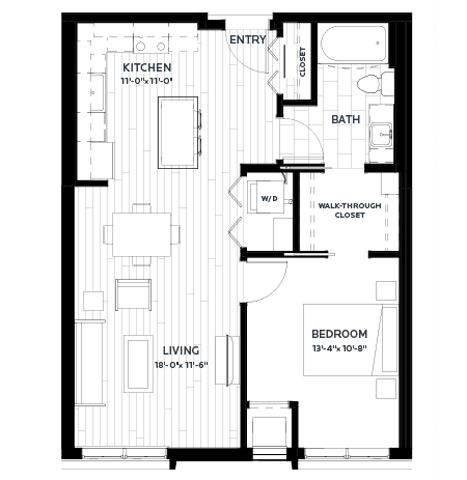 Floor plan for 1 bed, 1 bath, 725 sqft