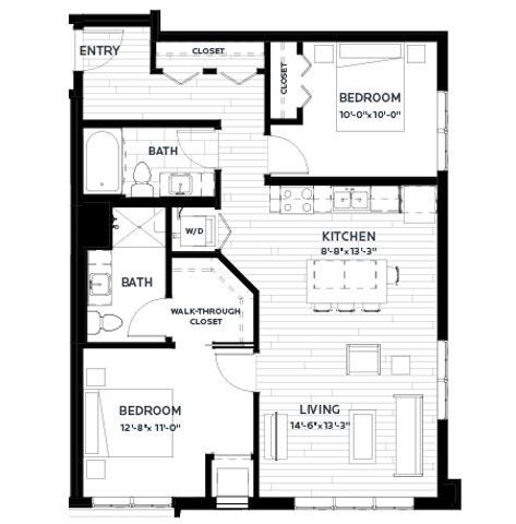 Floor plan for 2 beds, 2 baths, 968 sqft