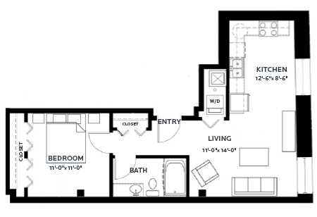 Floor plan for 1 bed, 1 bath, 665 sqft