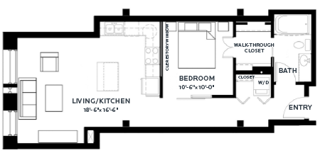 Floor plan for 1 bed, 1 bath, 707 sqft