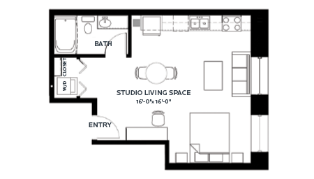 Floor plan for studio, 1 bath, 512 sqft