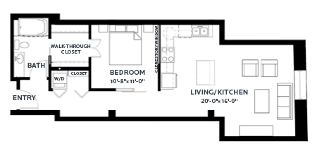 Floor plan for 1 bed, 1 bath, 767 sqft