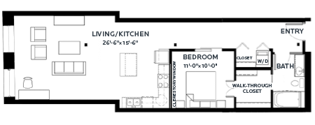 Floor plan for 1 bed, 1 bath, 894 sqft
