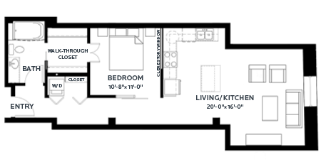 Floor plan for 1 bed, 1 bath, 796 sqft