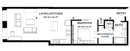 Floor plan for 1 bed, 1 bath, 840 sqft