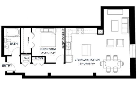 Floor plan for 1 bed, 1 bath, 932 sqft
