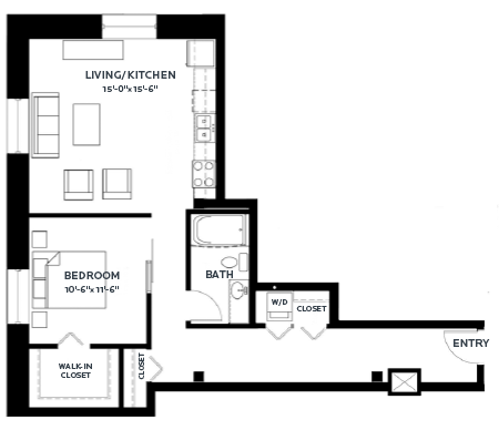 Floor plan for 1 bed, 1 bath, 947 sqft