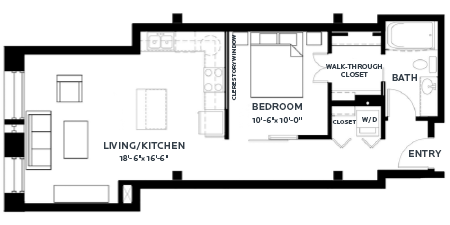 Floor plan for 1 bed, 1 bath, 676 sqft