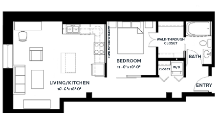 Floor plan for 1 bed, 1 bath, 702 sqft