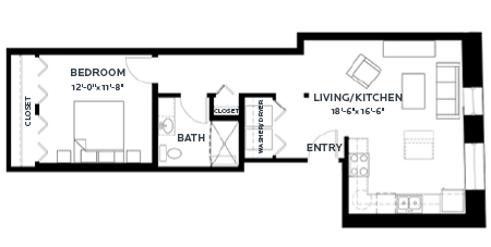 Floor plan for 1 bed, 1 bath, 757 sqft