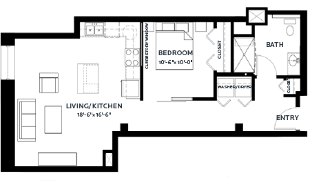 Floor plan for 1 bed, 1 bath, 749 sqft