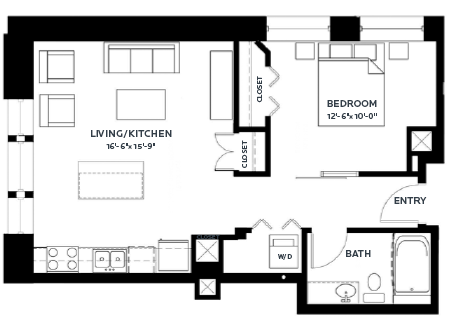 Floor plan for 1 bed, 1 bath, 741 sqft