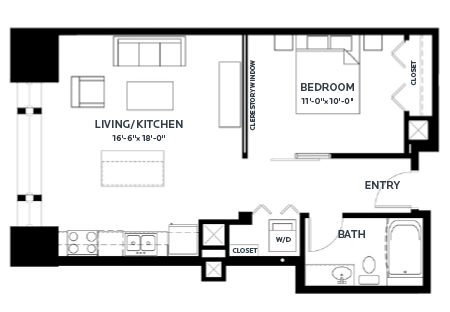 Floor plan for 1 bed, 1 bath, 741 sqft