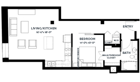 Floor plan for 1 bed, 1 bath, 752 sqft