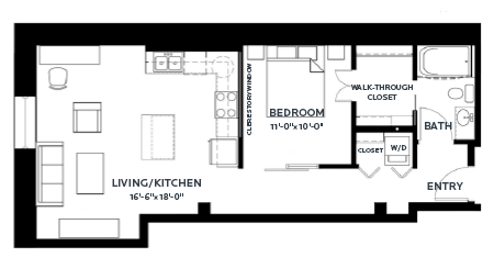 Floor plan for 1 bed, 1 bath, 754 sqft