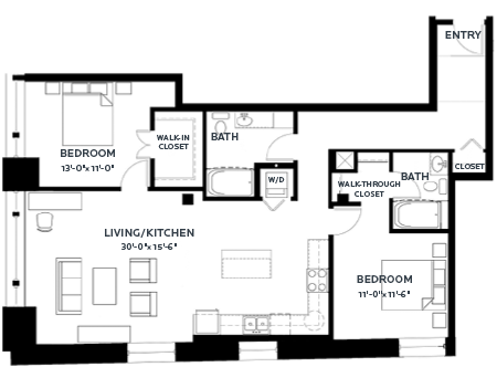 Floor plan for 2 beds, 2 baths, 1378 sqft