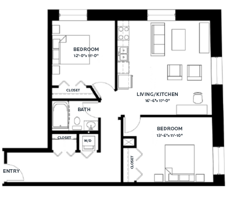 Floor plan for 2 beds, 1 bath, 1043 sqft