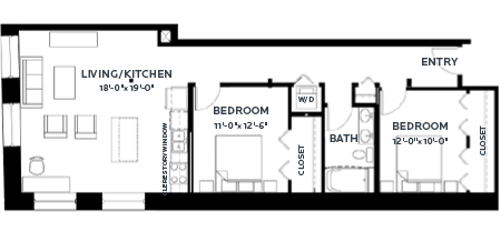 Floor plan for 2 beds, 1 bath, 1097 sqft