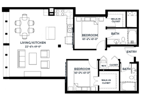 Floor plan for 2 beds, 2 baths, 1079 sqft