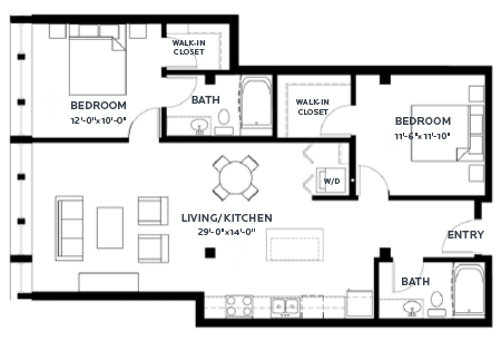 Floor plan for 2 beds, 2 baths, 1094 sqft