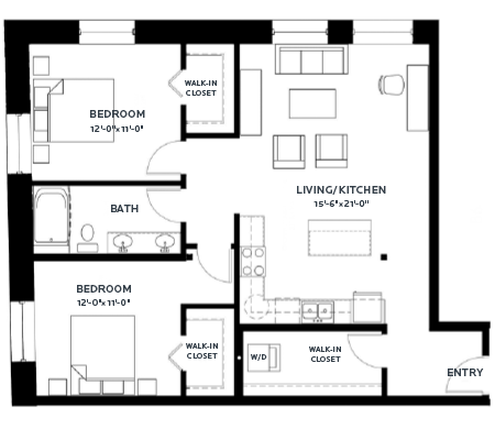 Floor plan for 2 beds, 1 bath, 1140 sqft