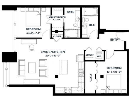 Floor plan for 2 beds, 2 baths, 1204 sqft