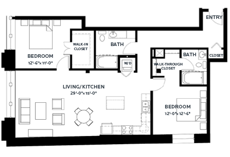 Floor plan for 2 beds, 2 baths, 1322 sqft