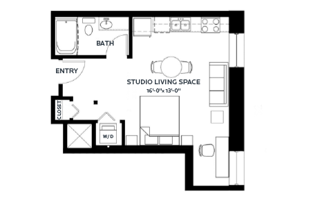 Floor plan for studio, 1 bath, 485 sqft