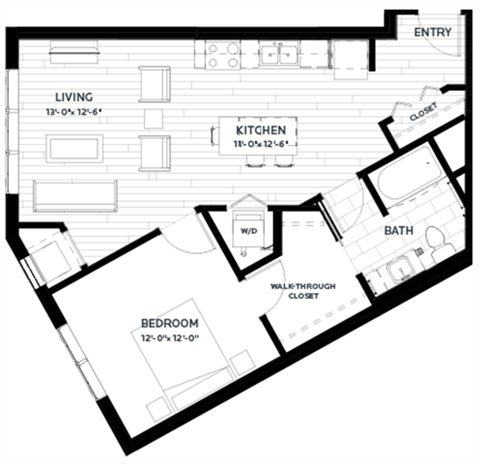Floor plan for 1 bed, 1 bath, 763 sqft