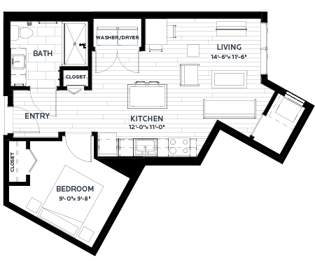 Floor plan for 1 bed, 1 bath, 616 sqft