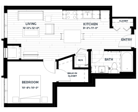 Floor plan for 1 bed, 1 bath, 577 sqft