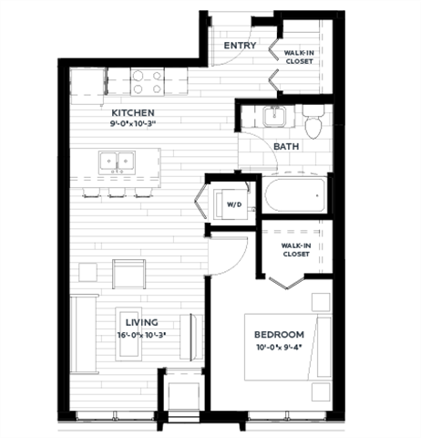 Floor plan for 1 bed, 1 bath, 610 sqft