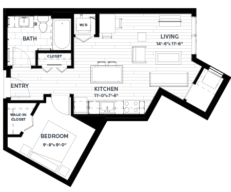 Floor plan for 1 bed, 1 bath, 616 sqft