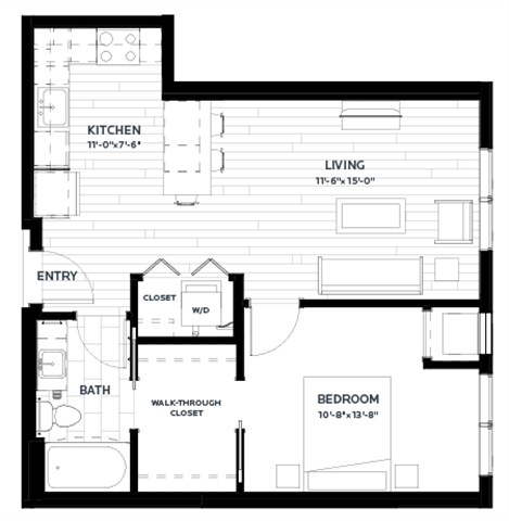 Floor plan for 1 bed, 1 bath, 660 sqft