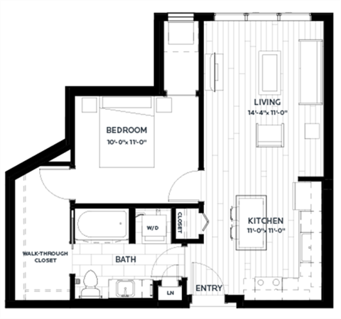 Floor plan for 1 bed, 1 bath, 662 sqft