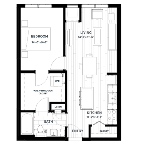 Floor plan for 1 bed, 1 bath, 667 sqft