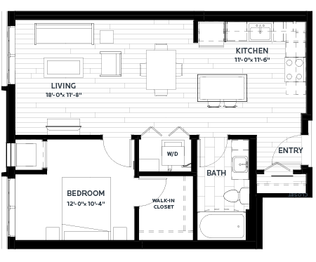 Floor plan for 1 bed, 1 bath, 696 sqft