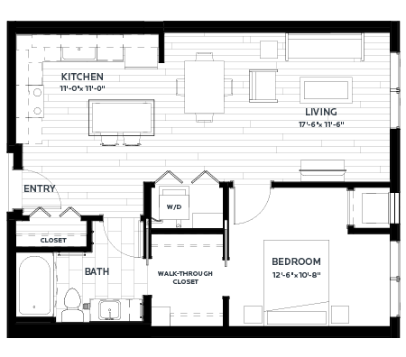 Floor plan for 1 bed, 1 bath, 701 sqft