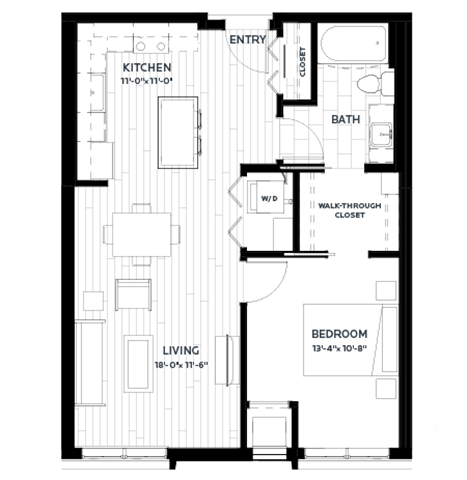 Floor plan for 1 bed, 1 bath, 725 sqft