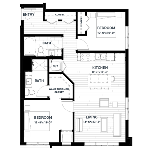 Floor plan for 2 beds, 2 baths, 968 sqft