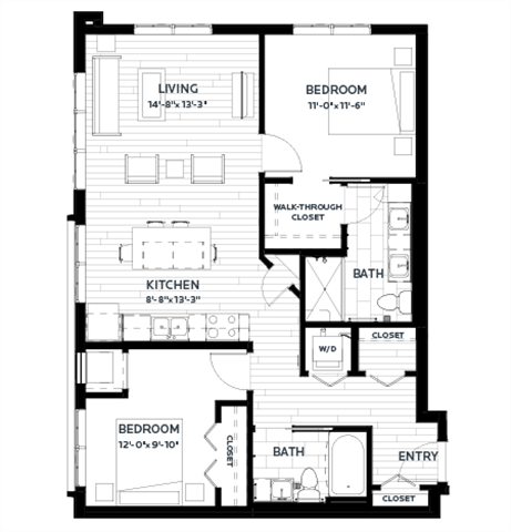 Floor plan for 2 beds, 2 baths, 984 sqft