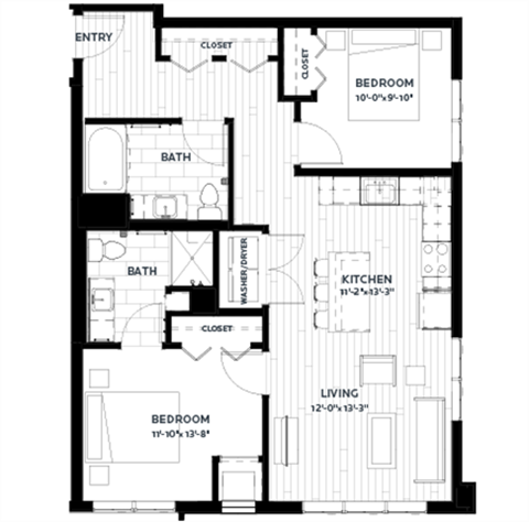 Floor plan for 2 beds, 2 baths, 968 sqft