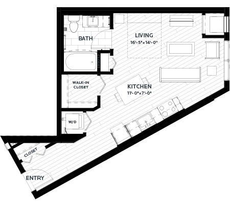 Floor plan for studio, 1 bath, 509 sqft