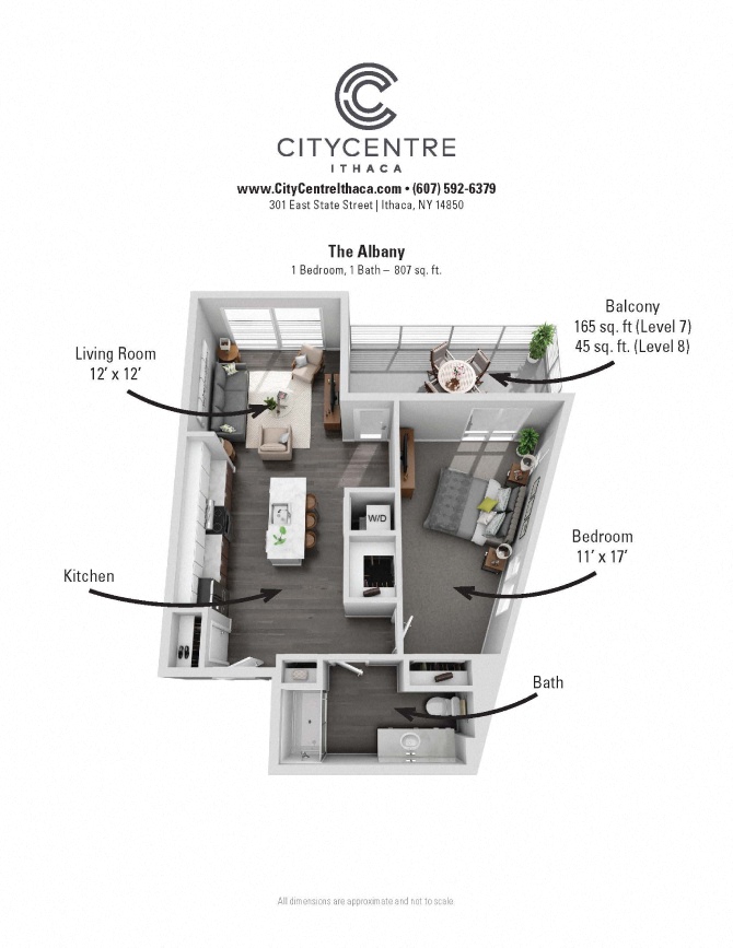 Floor plan for 1 bed, 1 bath, 807 sqft