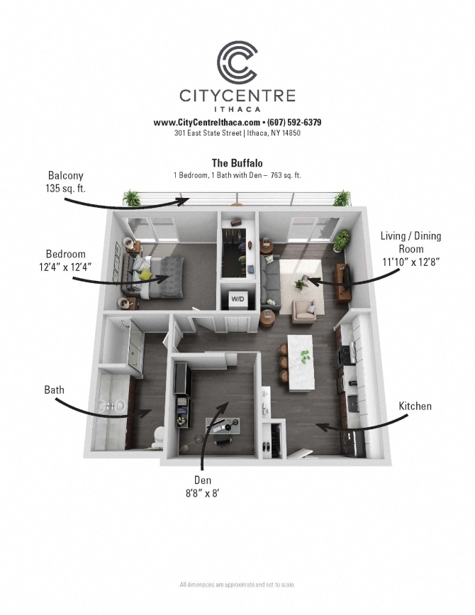 Floor plan for 1 bed, 1 bath, 763 sqft